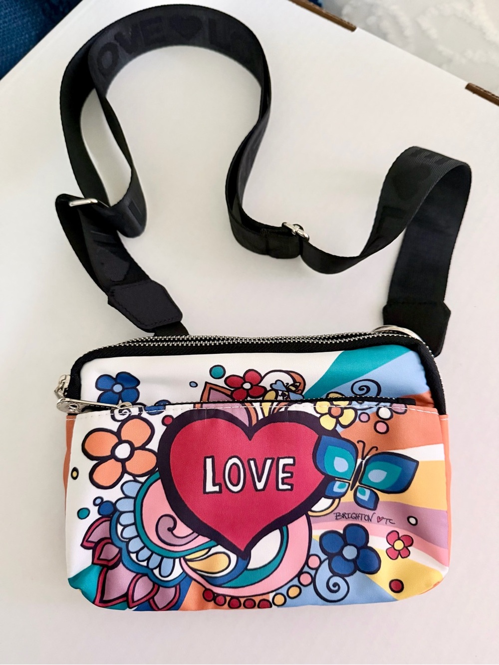 Brighton Multicolor 'LOVE' Heart Floral Crossbody Bag with Black Strap